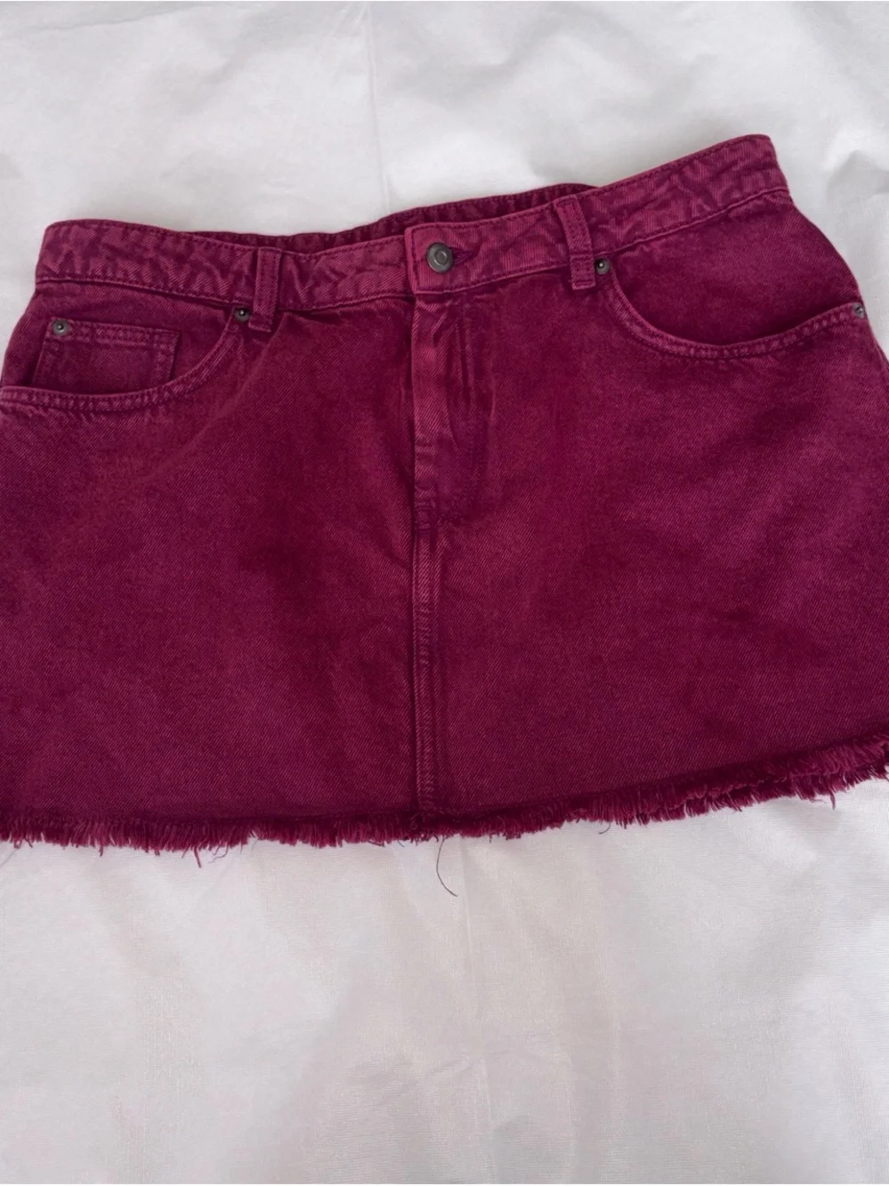Divided Wine Denim Mini Skirt with Frayed Hem